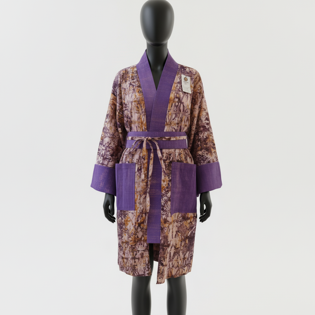 Purple and brown patterned robe on a mannequin against a white background