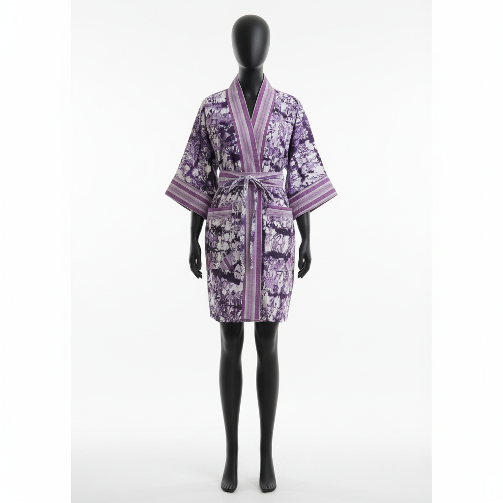 Purple floral patterned robe on a mannequin against a white background