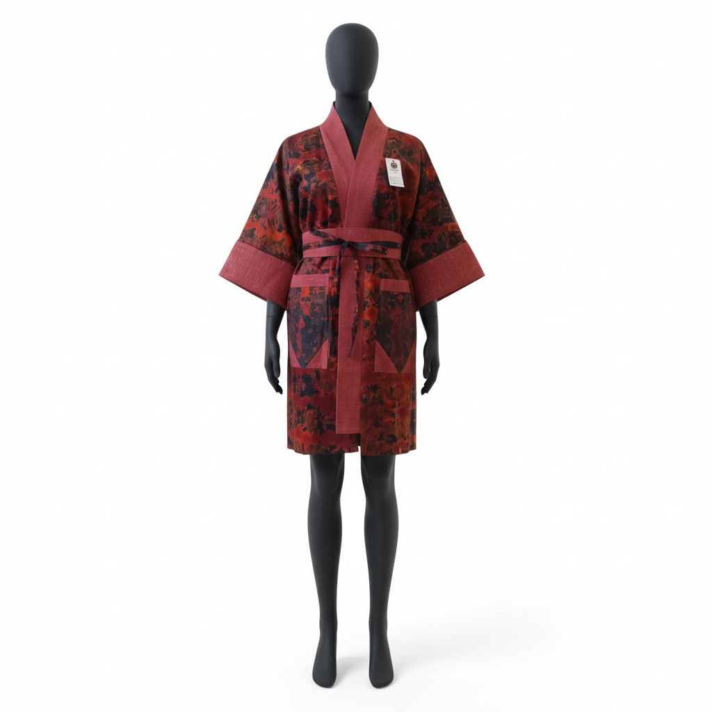 Red and black patterned robe on a mannequin against a white background