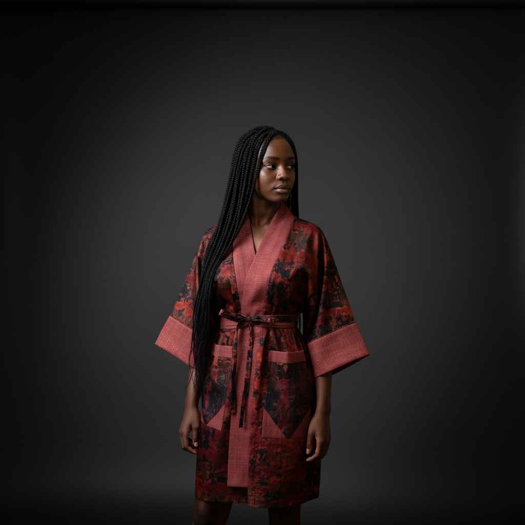 Woman wearing a red and black patterned kimono against a dark background