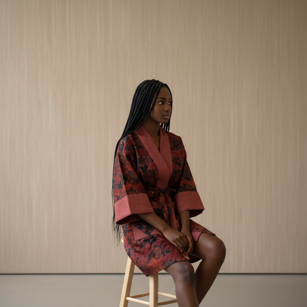 Woman wearing a red floral kimono sitting on a stool against a beige wall.