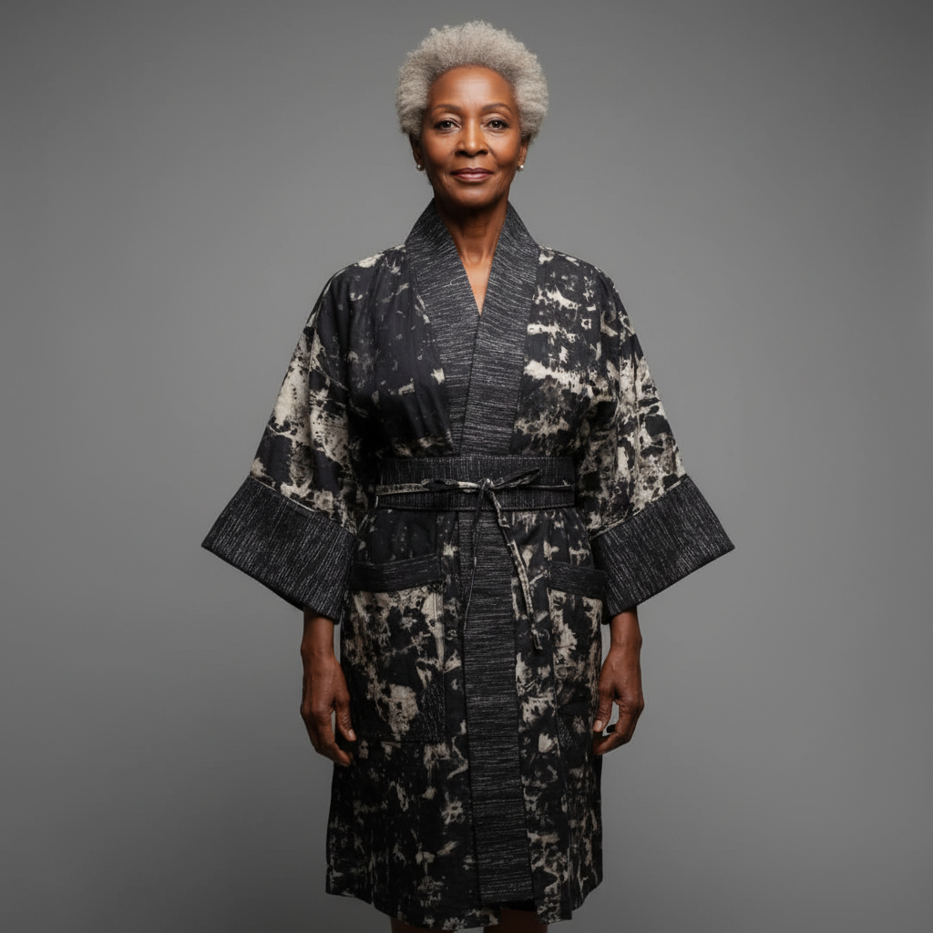 Woman wearing a patterned robe against a gray background