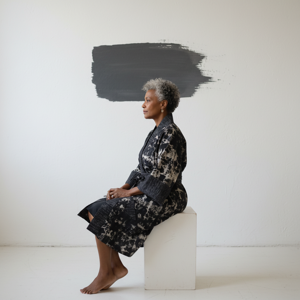 Woman sitting on a white block against a plain background with a black abstract shape.
