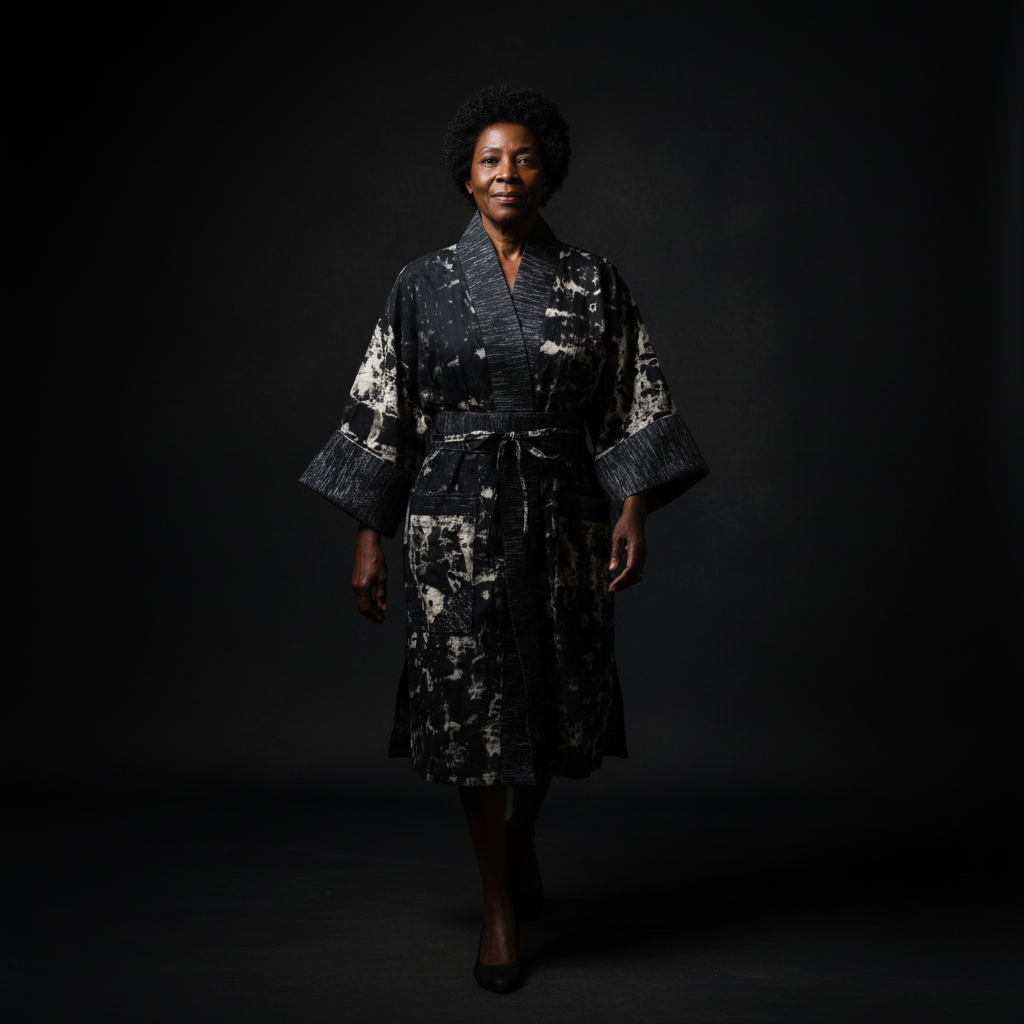 Woman wearing a dark patterned dress against a black background
