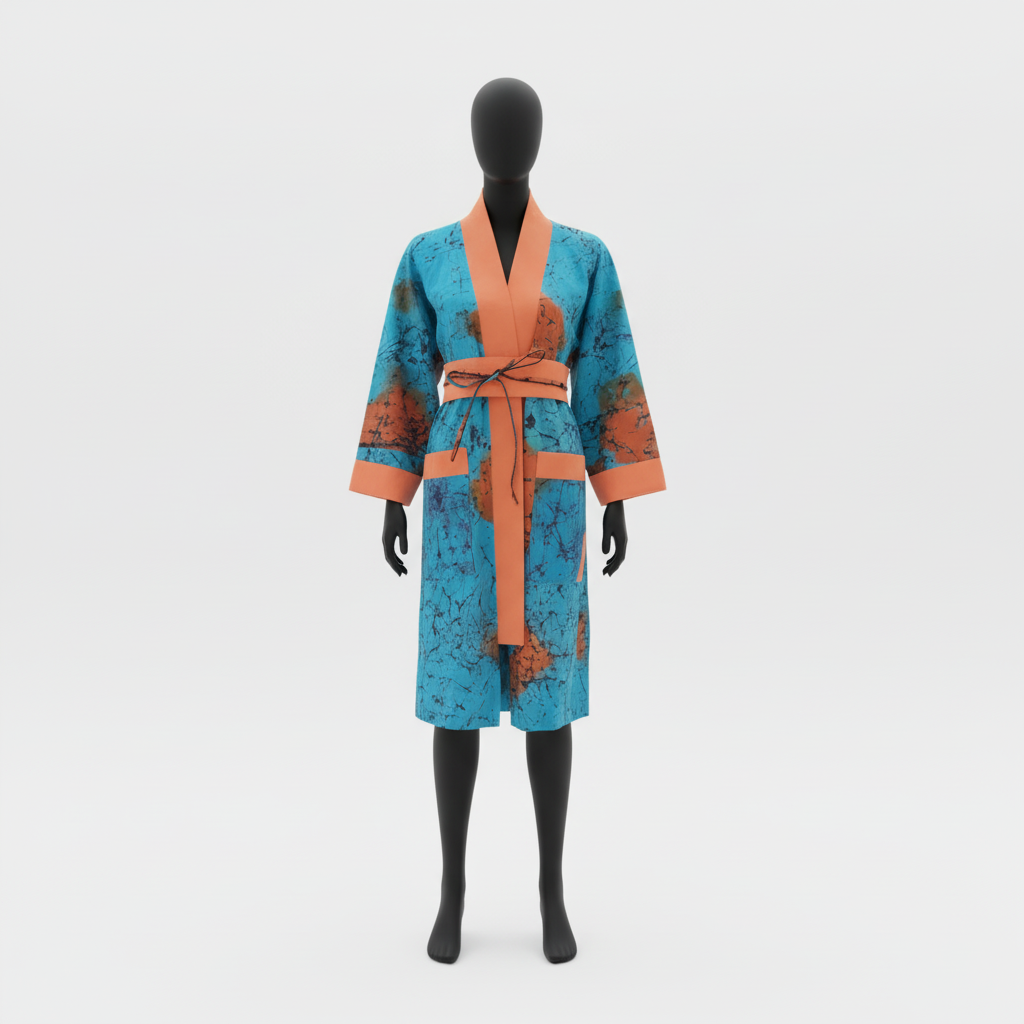 Mannequin wearing a blue and orange robe on a white background