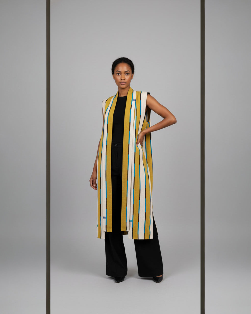 Gold and Teal Striped Sleeveless Duster