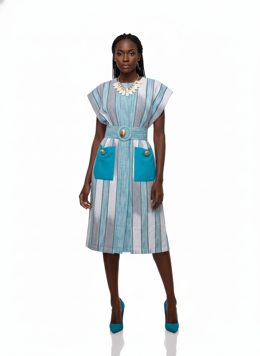 Striped Cap-Sleeve Belted Dress