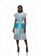 Striped Cap-Sleeve Belted Dress