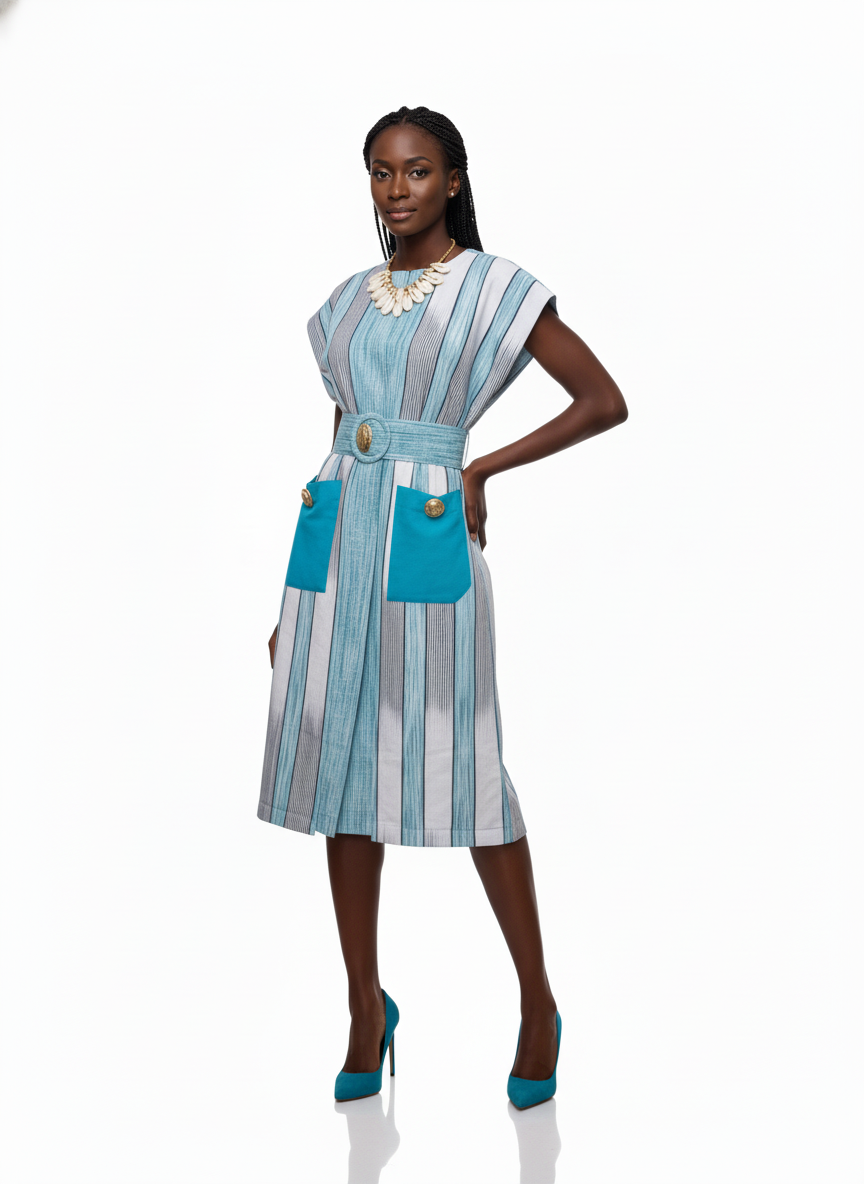 Striped Cap-Sleeve Belted Dress