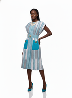 Striped Cap-Sleeve Belted Dress